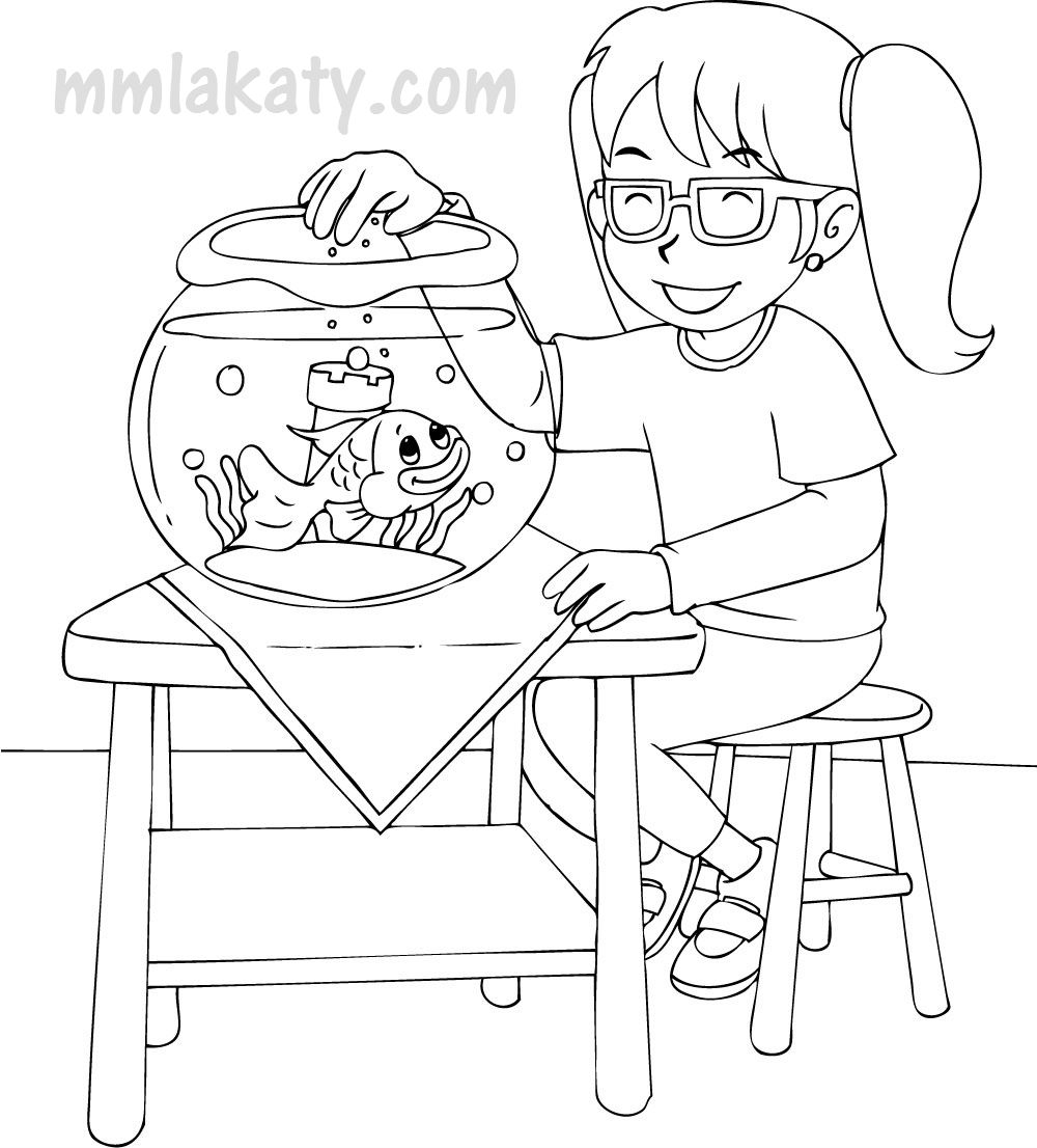 رسم بنت و سمكة للتلوين للأطفال