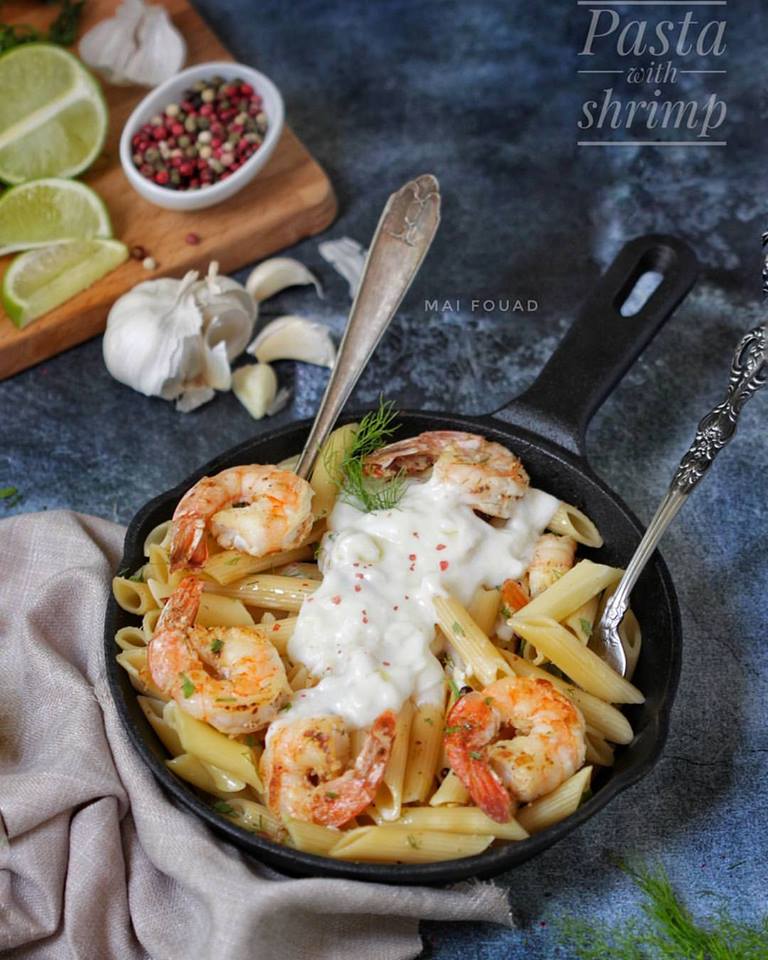 مكرونة بالجمبري بصوص الليمون و الثوم